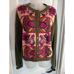 Studio Michelle Stuart Button Up Cardigan Sweater Green Pink Embroidery Cottage